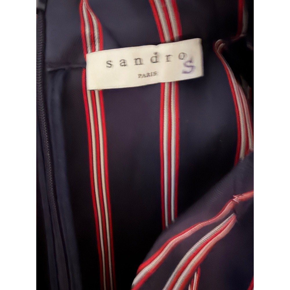 Sandro Paris Striped Mock Neck Tie Waist Mini Dress Navy Red Satin Size 40|US 8 - Picture 6 of 8